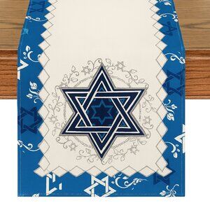 Hexagram Hanukkah Linen Table Runner; Party Decor Star of David Jewish - NEW